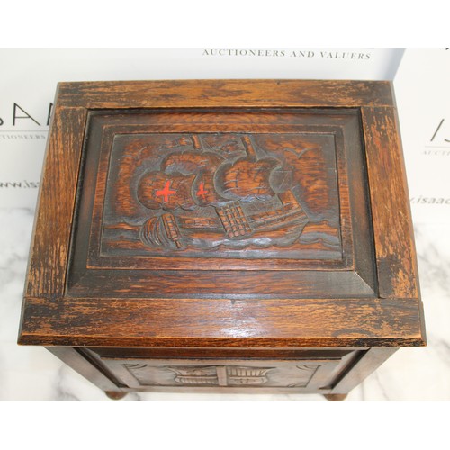 146 - Vintage Wooden Carved Coal Chest With Carved Crest Of Arms And Ship
Dimensions 45 x 41.5 x 33cm
COLL... 