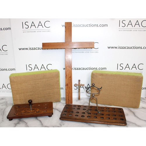 280 - Church Related Items Including Kneelers, Crucifix, Cross, And A Communion Cup Holders
Cross Height 6... 