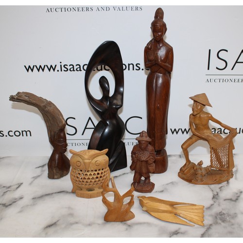 197 - Selection Of Carved Wooden Items Tallest-37cm One Damaged As Shown In Pictures