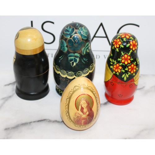 156 - 3 x Russian Dolls Sets (One Set Missing A Part As Shown In Pictures) Russian Wooden Egg