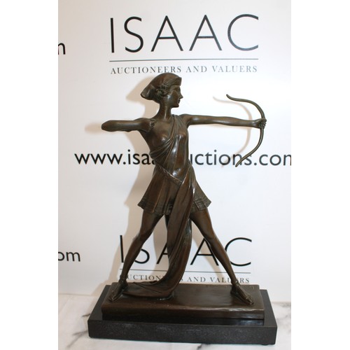 84 - Art Deco Signed Pierre Le Faguays Diana Nemorensis & Artemis Bronze Sculpture On Marble Plinth Lengt... 