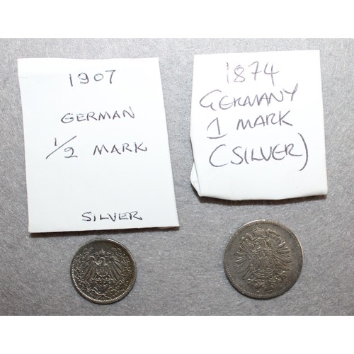 402 - 1874 German 1 Mark Coin + 1907 German Half Mark Coin