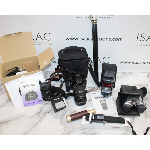 74 - Canon EOS450D Camera With Accessories. Other Accessories Including Tripod And NIKON Flash. 2 Pairs O... 