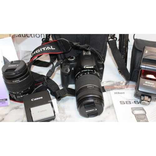 74 - Canon EOS450D Camera With Accessories. Other Accessories Including Tripod And NIKON Flash. 2 Pairs O... 