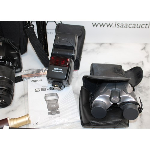 74 - Canon EOS450D Camera With Accessories. Other Accessories Including Tripod And NIKON Flash. 2 Pairs O... 