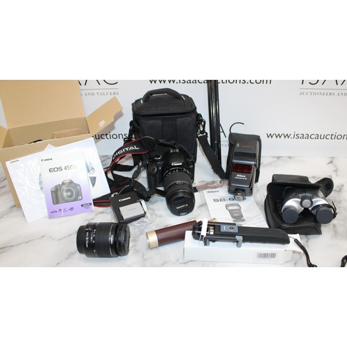 74 - Canon EOS450D Camera With Accessories. Other Accessories Including Tripod And NIKON Flash. 2 Pairs O... 