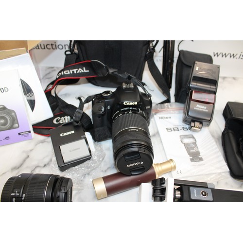 74 - Canon EOS450D Camera With Accessories. Other Accessories Including Tripod And NIKON Flash. 2 Pairs O... 