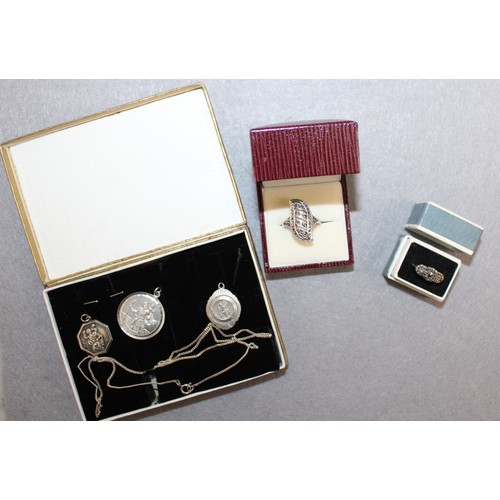 513 - Mixed Silver Jewellery Items including 3 St Christophers, 1 Necklace and 2 Rings ( Boxed)