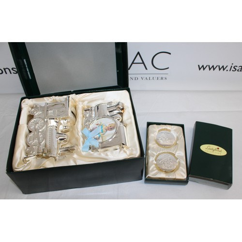 524 - 2 x Boxed Ladybird Collection Silver Plated Train Money Bank And Picture Frame & Silver Plated Tooth... 