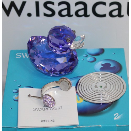 116 - Boxed Swarovski Happy Duck DJ Version With Headphones And Record Pedestal