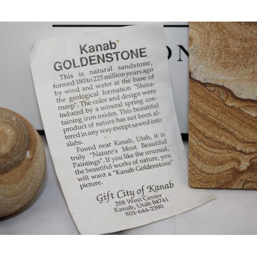 134 - A Selection Of Collectable Stones Inc A Kanab Goldstone Picture Made Out Of Sandstone