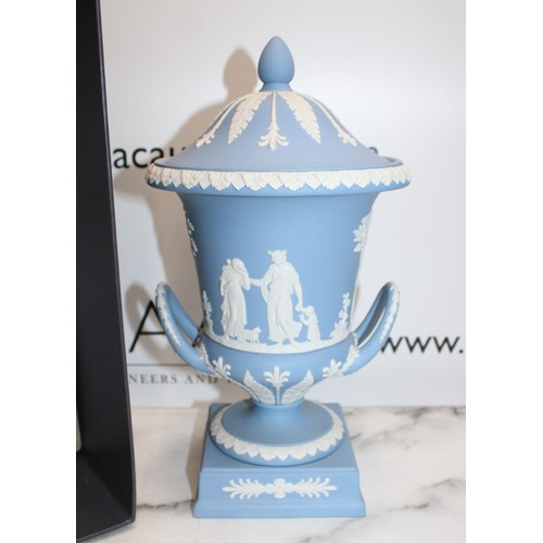 146 - Boxed As New Wedgwood Blue Jasperware Campagna Lidded Urn Vase Height-30cm