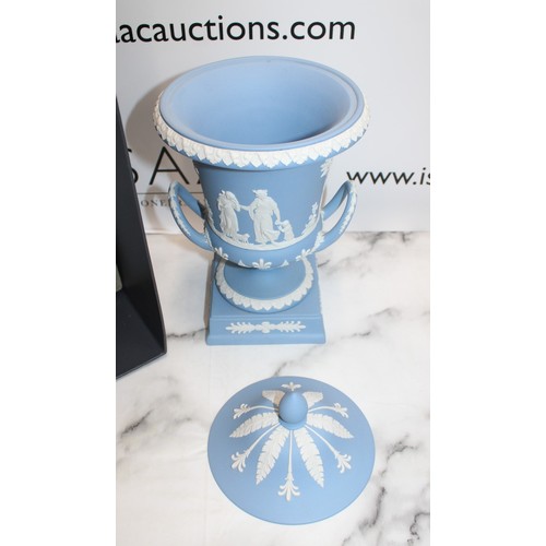 146 - Boxed As New Wedgwood Blue Jasperware Campagna Lidded Urn Vase Height-30cm