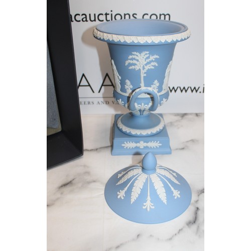 146 - Boxed As New Wedgwood Blue Jasperware Campagna Lidded Urn Vase Height-30cm