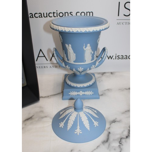 146 - Boxed As New Wedgwood Blue Jasperware Campagna Lidded Urn Vase Height-30cm