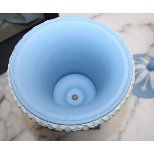 146 - Boxed As New Wedgwood Blue Jasperware Campagna Lidded Urn Vase Height-30cm