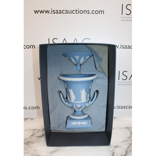 146 - Boxed As New Wedgwood Blue Jasperware Campagna Lidded Urn Vase Height-30cm