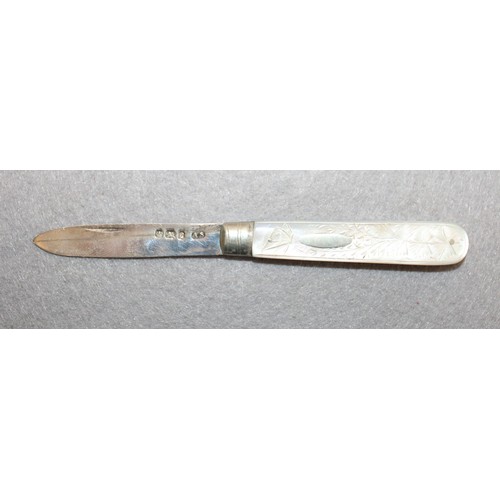 565 - Silver Hallmarked Mother Of Pearl Handle Pin Knife