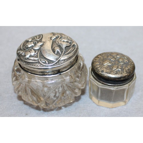 572 - 2 x Silver Hallmarked Topped Glass Pots