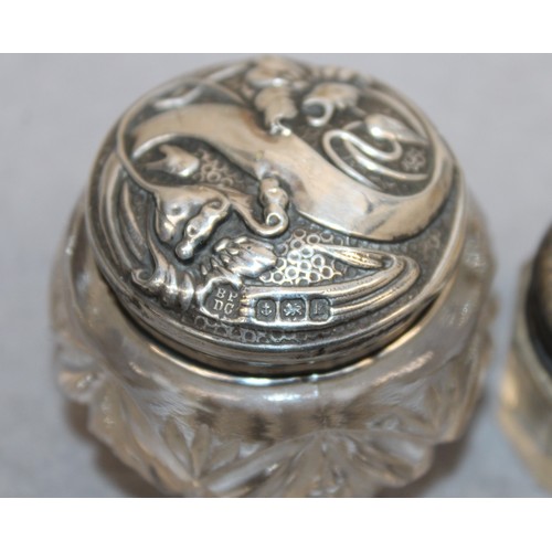 572 - 2 x Silver Hallmarked Topped Glass Pots