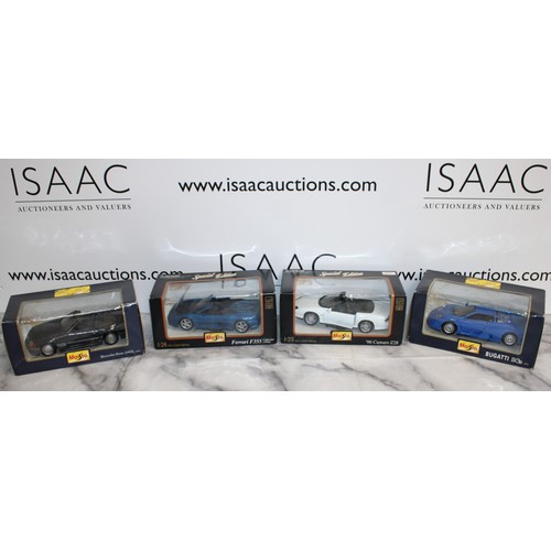 717 - 4 x Boxed Collectable Special Editions MAISTO Cars Inc- BUGATTI 11 1992 1:24/96 Camaro Z28 1:25/Ferr... 