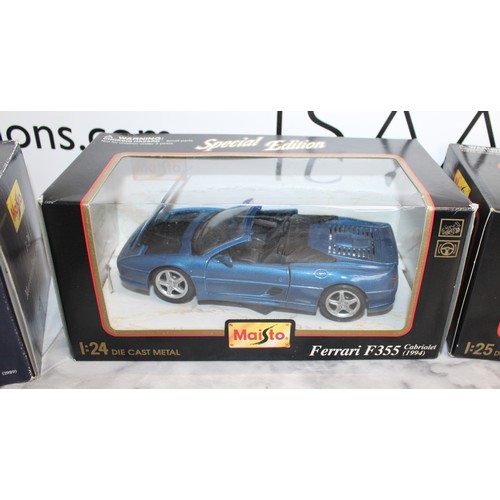 717 - 4 x Boxed Collectable Special Editions MAISTO Cars Inc- BUGATTI 11 1992 1:24/96 Camaro Z28 1:25/Ferr... 