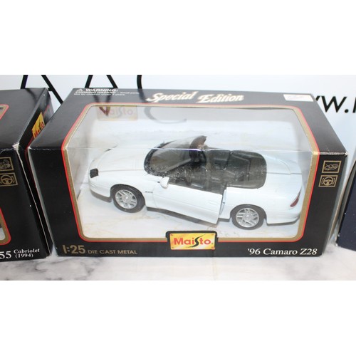 717 - 4 x Boxed Collectable Special Editions MAISTO Cars Inc- BUGATTI 11 1992 1:24/96 Camaro Z28 1:25/Ferr... 