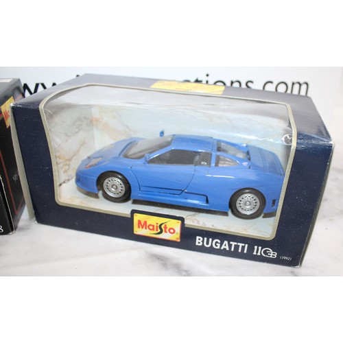 717 - 4 x Boxed Collectable Special Editions MAISTO Cars Inc- BUGATTI 11 1992 1:24/96 Camaro Z28 1:25/Ferr... 