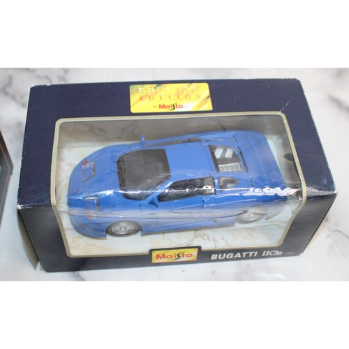 717 - 4 x Boxed Collectable Special Editions MAISTO Cars Inc- BUGATTI 11 1992 1:24/96 Camaro Z28 1:25/Ferr... 