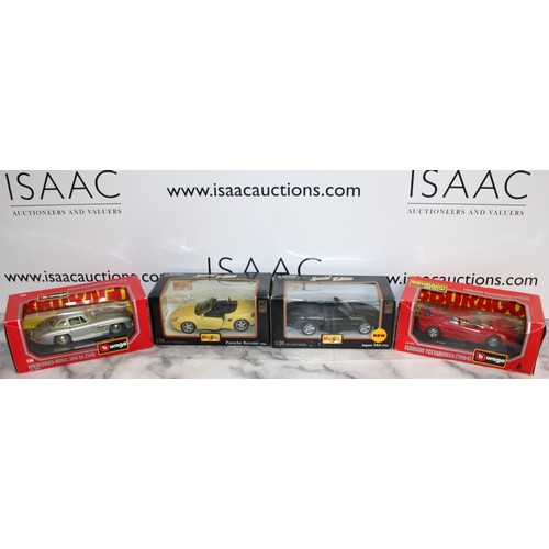 718 - 4 x Boxed Collectable Vehicles Inc-BBURAGO Ferrari Testarossa 1984/Mercedes-Benz 300 SL 