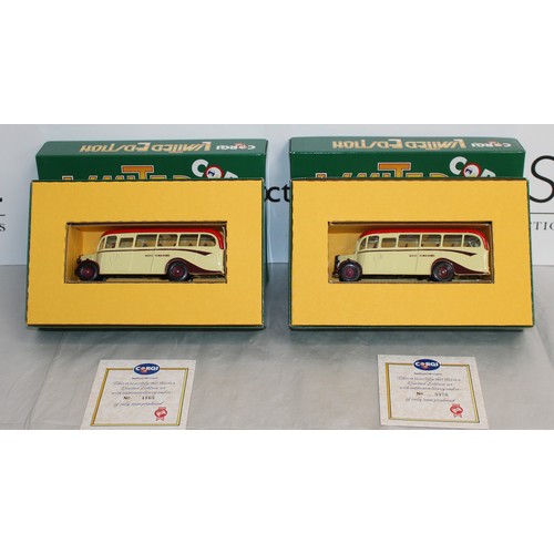 728 - 2 x Boxed Corgi Limited Edition Bedford OB Coaches With Certificates