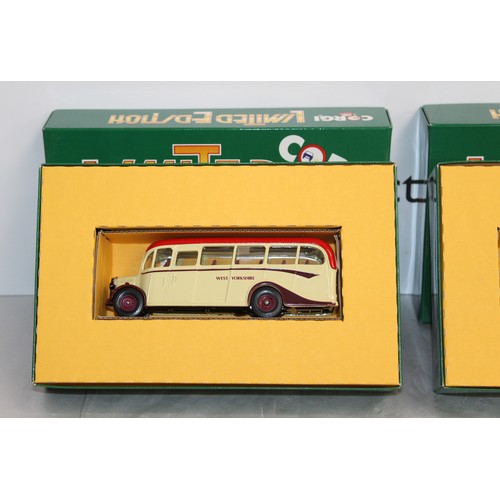 728 - 2 x Boxed Corgi Limited Edition Bedford OB Coaches With Certificates