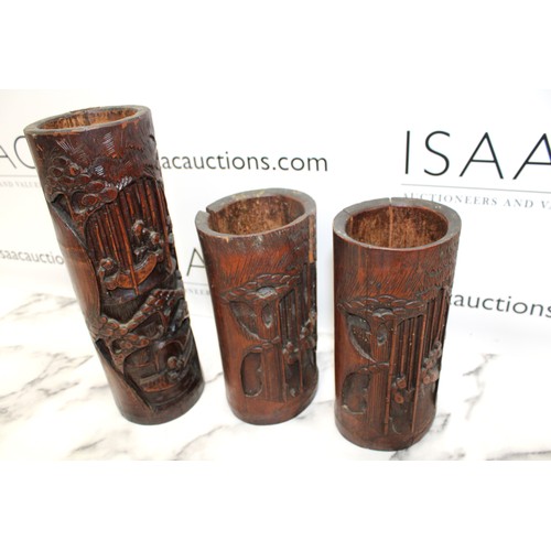 10 - 3 x Collectable Antique Oriental Bamboo Water Pots Tallest:33.5cm Damaged As Per Pictures