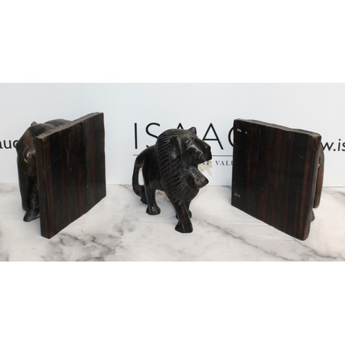 14 - Wooden Animal Carvings, Elephant Book Ends And Lion
Height Of Bookends 18cm