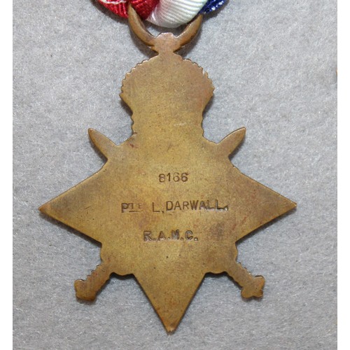 355 - WWI 1914 Star Medal 8166 PTE L. DARWALL. R.A.M.C.

Replacement Bar Included