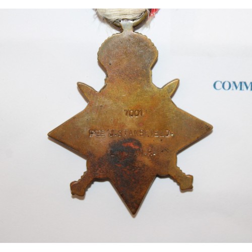 358 - WWI 1914 Star Medal Private Joseph Stansfield Service Number 7001 Medal With Some Paperwork