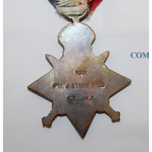 358 - WWI 1914 Star Medal Private Joseph Stansfield Service Number 7001 Medal With Some Paperwork