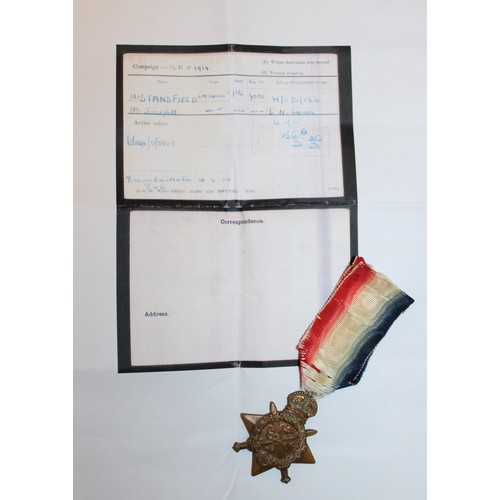 358 - WWI 1914 Star Medal Private Joseph Stansfield Service Number 7001 Medal With Some Paperwork