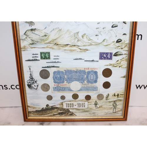 313 - Framed Commemorating The 50th Anniversary 1939-1945 Of World War II Stamps/Coins/Bank Note
44.5CM X ... 