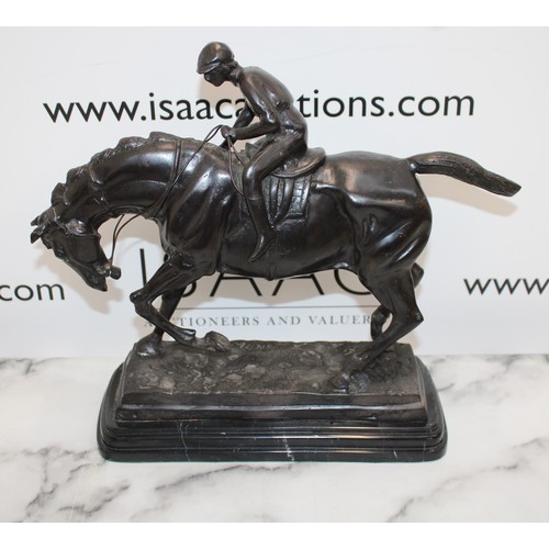 26 - Bronze Horse & Jockey Inscribed 'Mene' On Marble Plinth Lengh Of Plinth 28cm