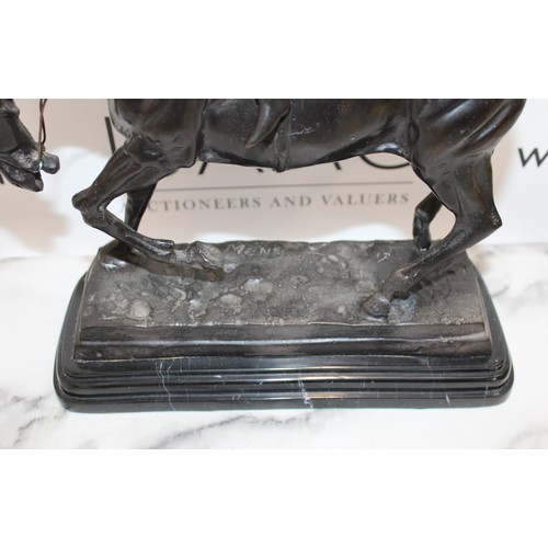 26 - Bronze Horse & Jockey Inscribed 'Mene' On Marble Plinth Lengh Of Plinth 28cm