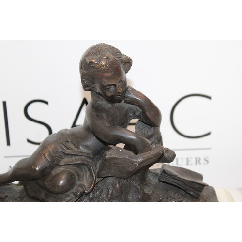 29 - Early 19th Century Bronze Seated Cupid/Cherub Platform Marble Length-27cm