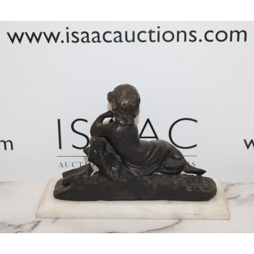 29 - Early 19th Century Bronze Seated Cupid/Cherub Platform Marble Length-27cm