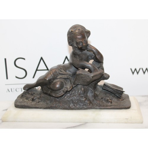 29 - Early 19th Century Bronze Seated Cupid/Cherub Platform Marble Length-27cm