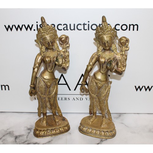 40 - A Pair Of Vintage Collectable Brass Goddess Tara Standing Statues H:30cm