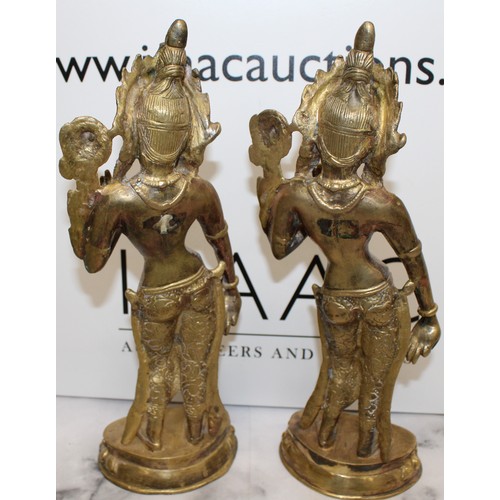 40 - A Pair Of Vintage Collectable Brass Goddess Tara Standing Statues H:30cm