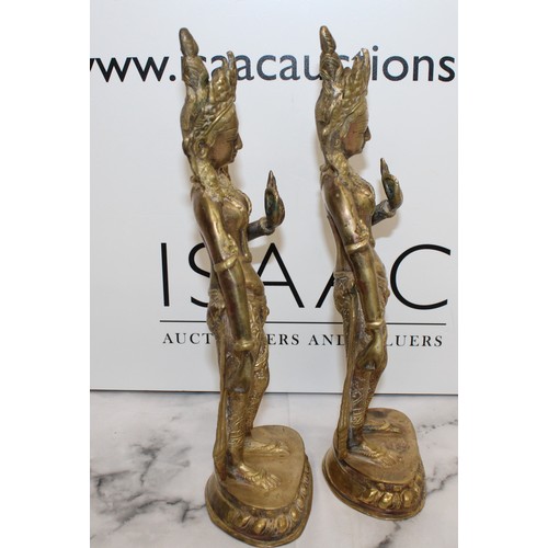 40 - A Pair Of Vintage Collectable Brass Goddess Tara Standing Statues H:30cm