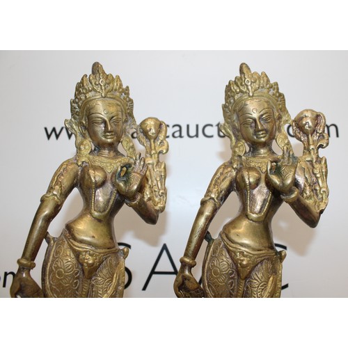 40 - A Pair Of Vintage Collectable Brass Goddess Tara Standing Statues H:30cm