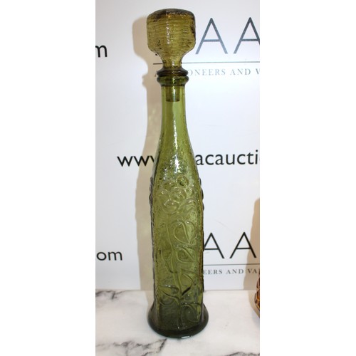 220 - One Vintage Decorative Green Glass Flower Patterned Bottle With Stopper,One Vintage Decorative Amber... 