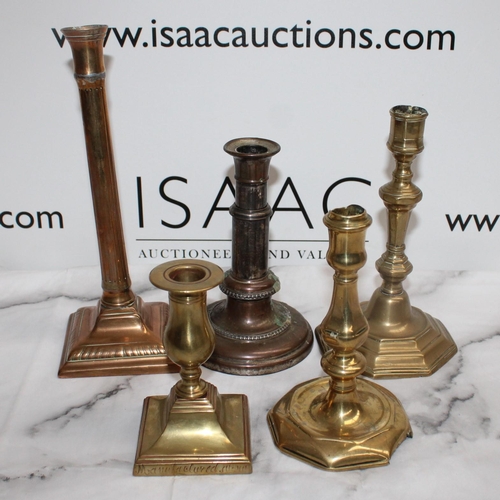 43 - Five Assorted Candlesticks ( Brass and Copper) - Tallest 26cm